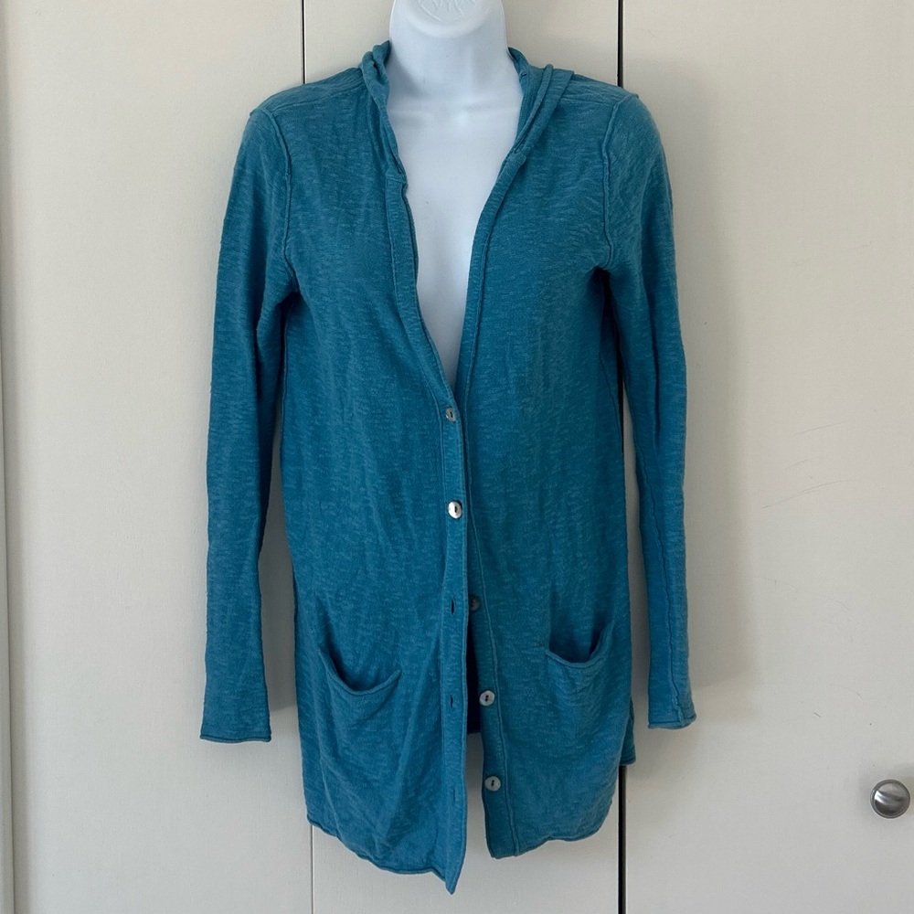 J.Jill Cotton/Linen mother of pearl button front hooded sweater pockets XS